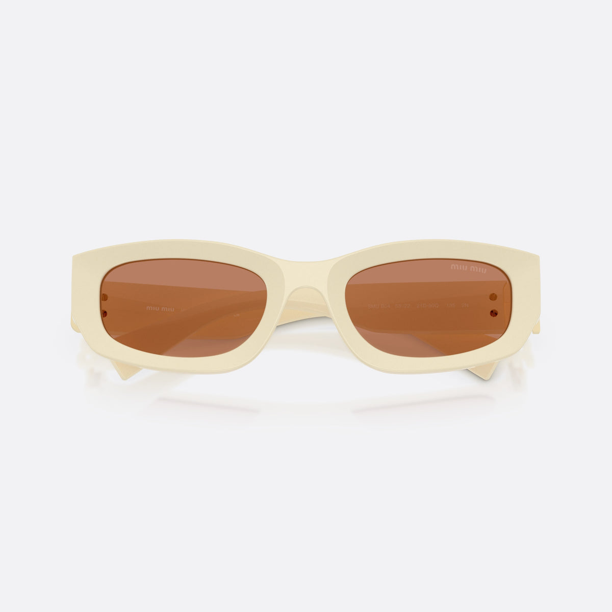 Miu Miu MU B04S 21D90Q sunglasses, white irregular frame for women, plain bridge, integrated into frame, tapered temple shape, folded