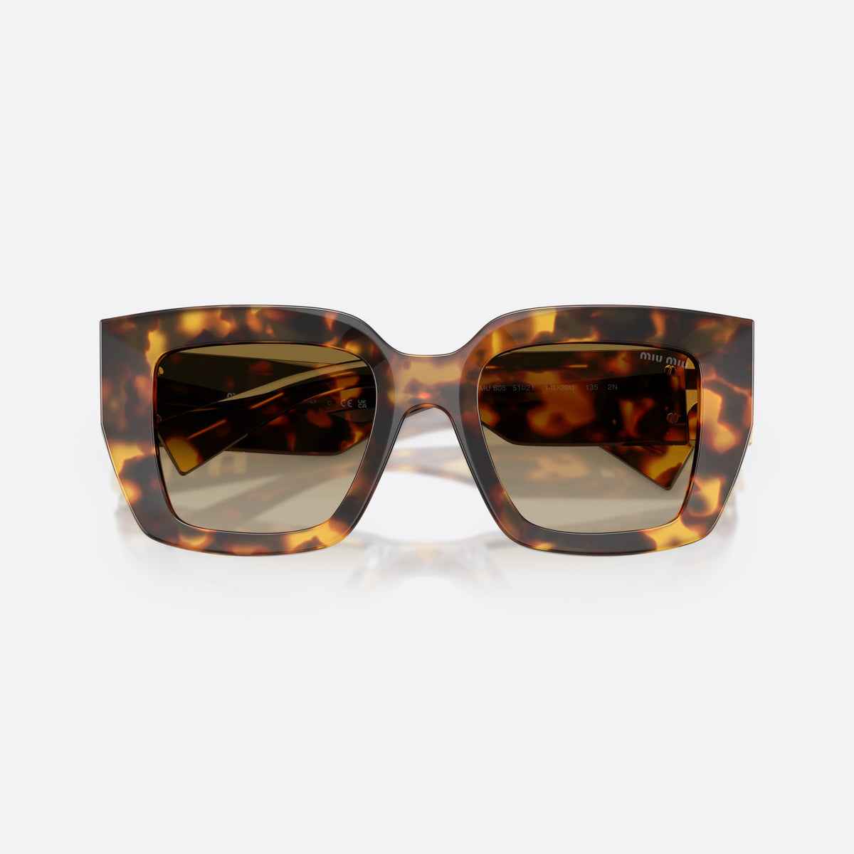 Miu Miu MU B05S 14L20U sunglasses, havana square frame for women, plain bridge, brand lettering on temples, metal hinges, folded