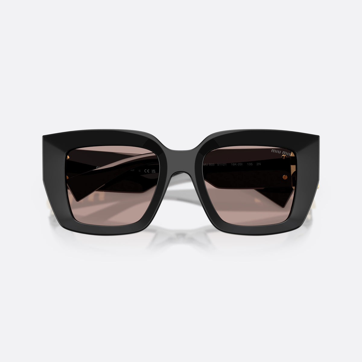 Miu Miu MU B05S 16K20I sunglasses, black square frame for women, plain bridge, wide temples, full-rim frame, folded
