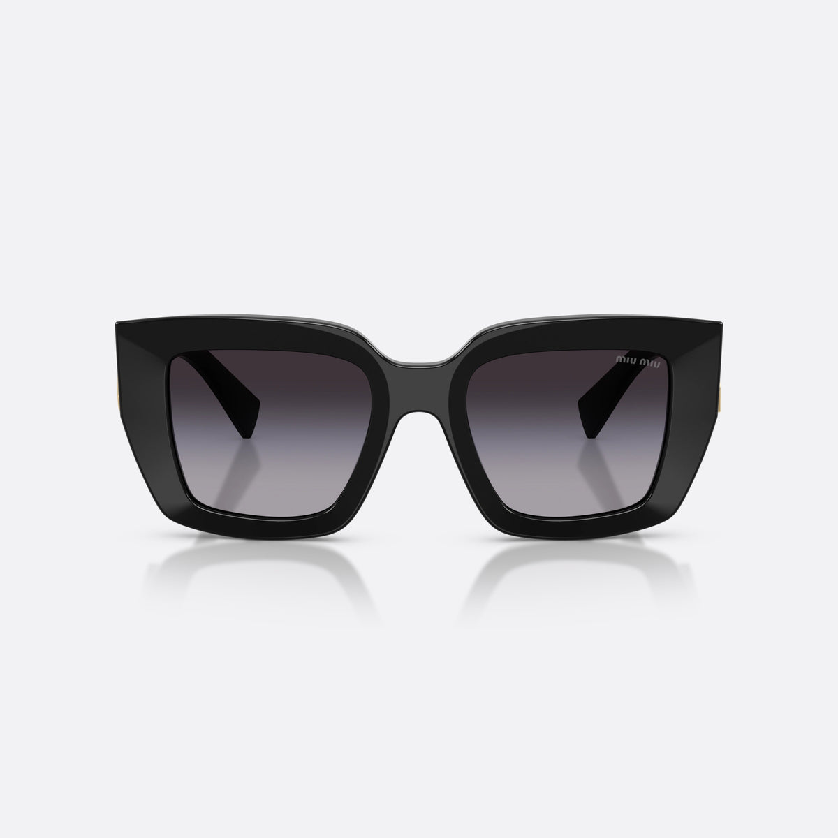 Miu Miu MU B05S 16K90A sunglasses, black square frame for women, plain bridge, brand logo plaque on temple, metal hinges, front view