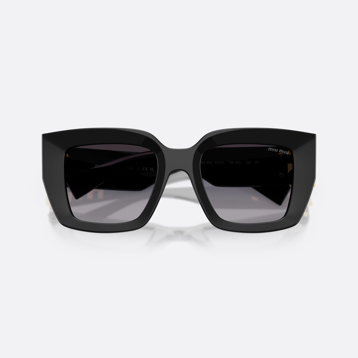 Miu Miu MU B05S 16K90A sunglasses, black square frame for women, plain bridge, brand logo plaque on temple, metal hinges, folded