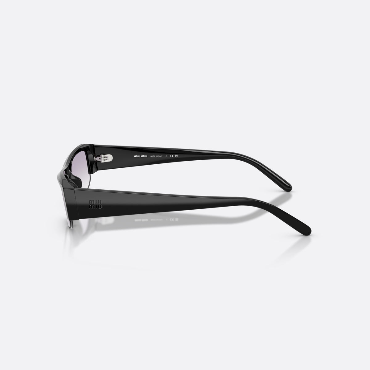 Miu Miu MU B07S 16K04O sunglasses, black rectangle frame for women, plain bridge, brand lettering on temple, side view