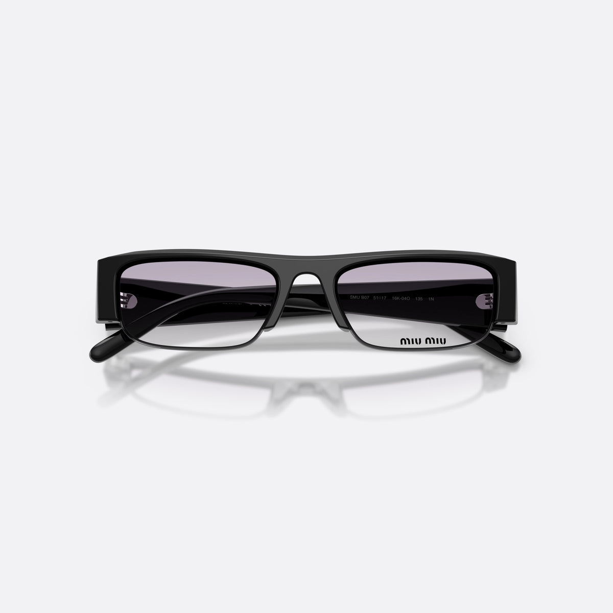 Miu Miu MU B07S 16K04O sunglasses, black rectangle frame for women, plain bridge, brand lettering on temple, folded