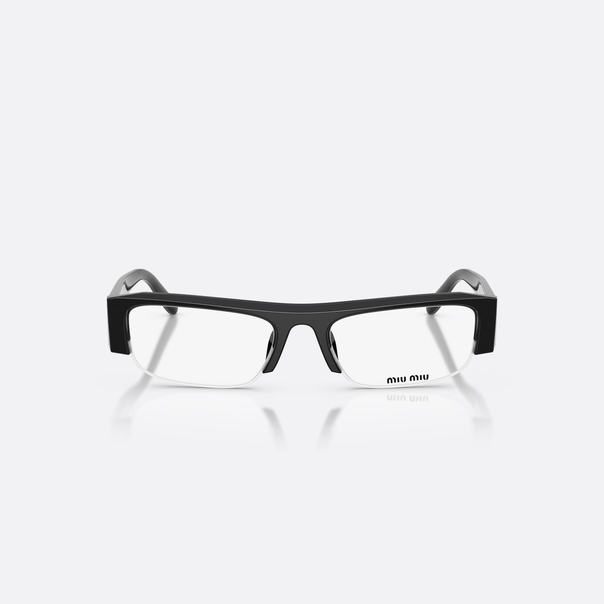 Miu Miu MU B07S 16K08N sunglasses, black rectangle frame for women, plain bridge, brand lettering on temples, front view