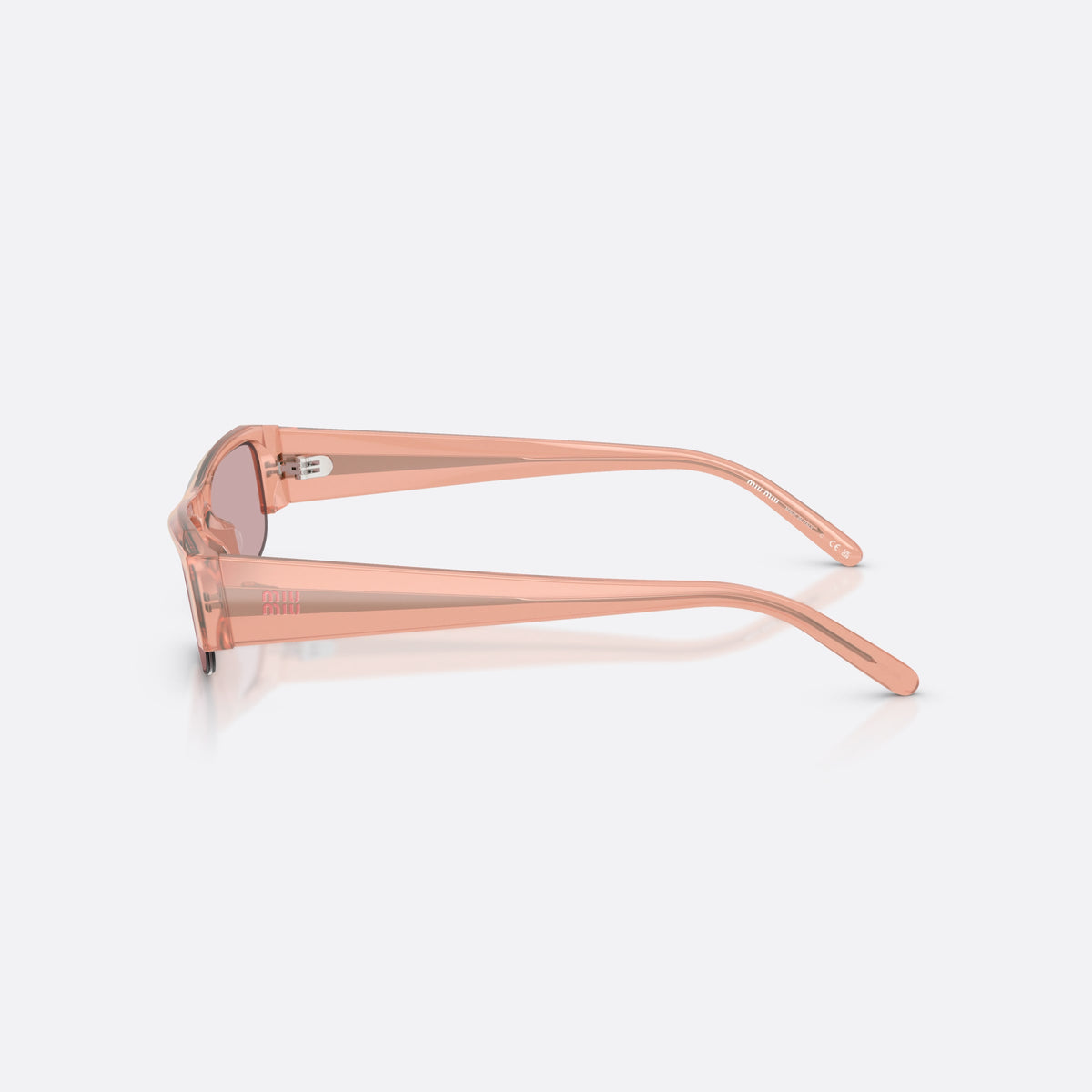 Ochelari de soare Miu Miu MU B07S 20I60V, rectangulari roz, pentru femei, punte integrată simplă, litere ale brandului pe lentilă, vedere laterală