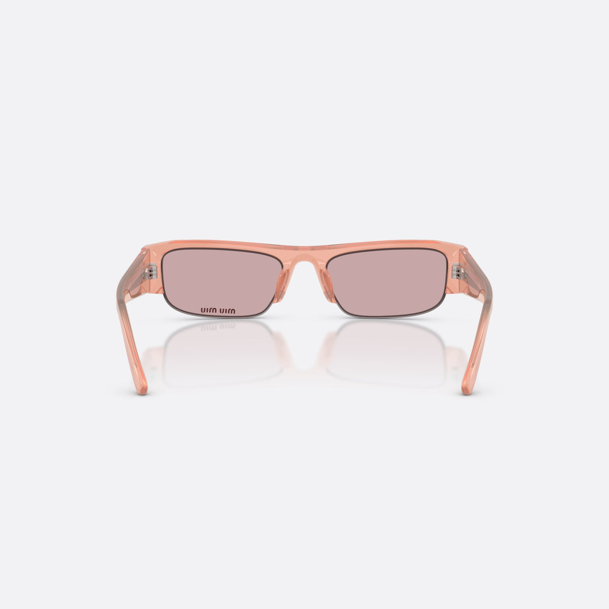 Ochelari de soare Miu Miu MU B07S 20I60V, rectangulari roz, pentru femei, punte integrată simplă, litere ale brandului pe lentilă, vedere din spate