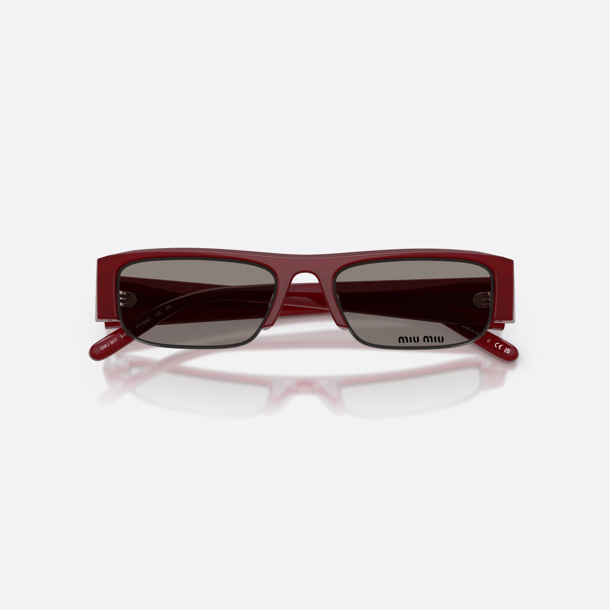Miu Miu MU B07S 21I80Q sunglasses, violet rectangle frame for women, plain bridge, brand lettering on the temples, folded