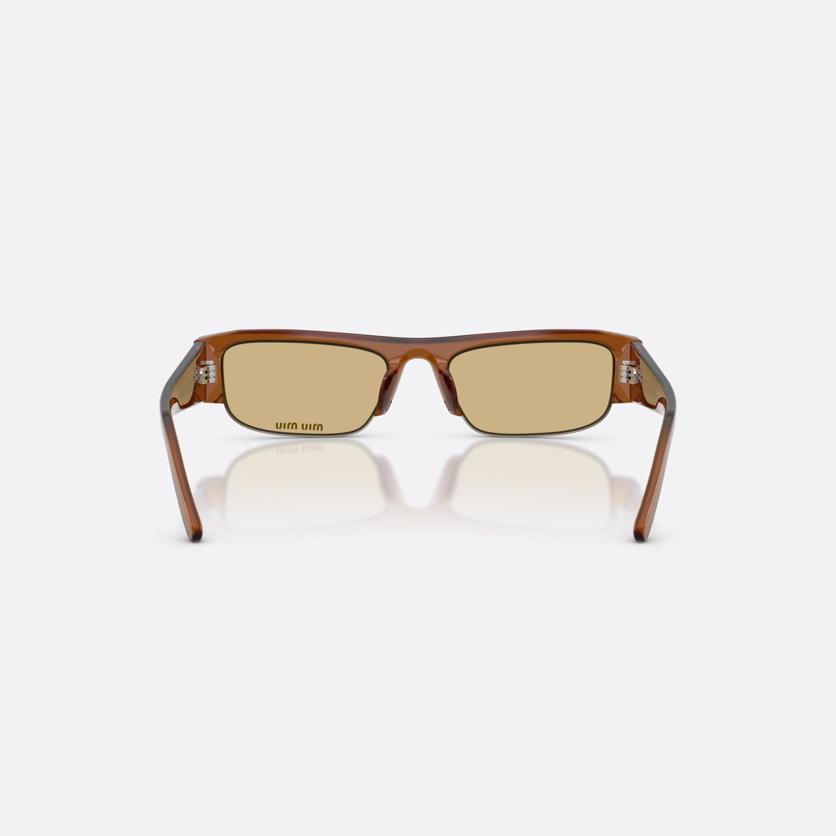 Ochelari de soare Miu Miu MU B07S 22I10R, rectangulari maro, pentru femei, punte simplă integrată, litere ale brandului pe lentilă, vedere din spate