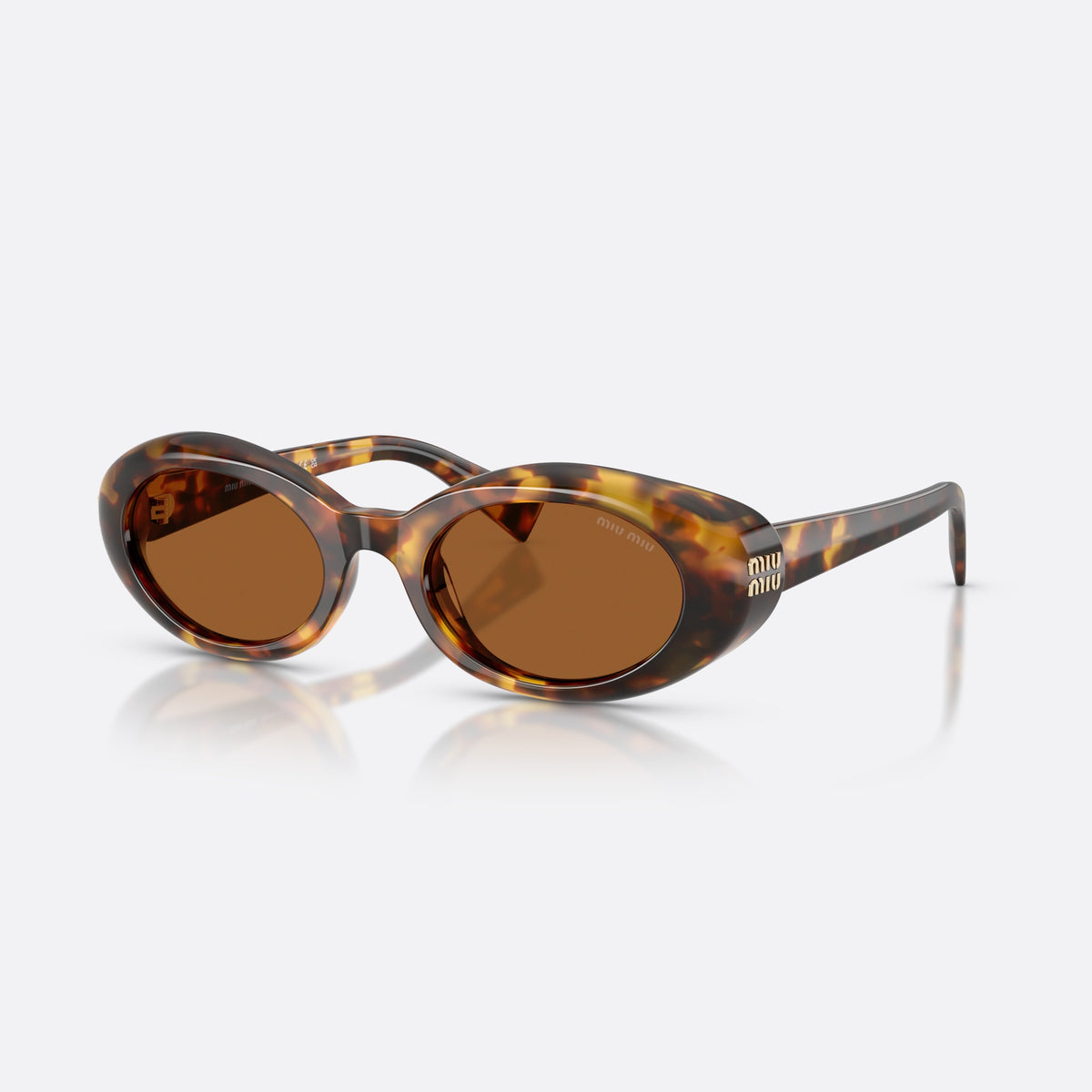 Miu Miu MU B09S 14L20V sunglasses, havana oval frame for women, plain acetate bridge, brand lettering on temple
