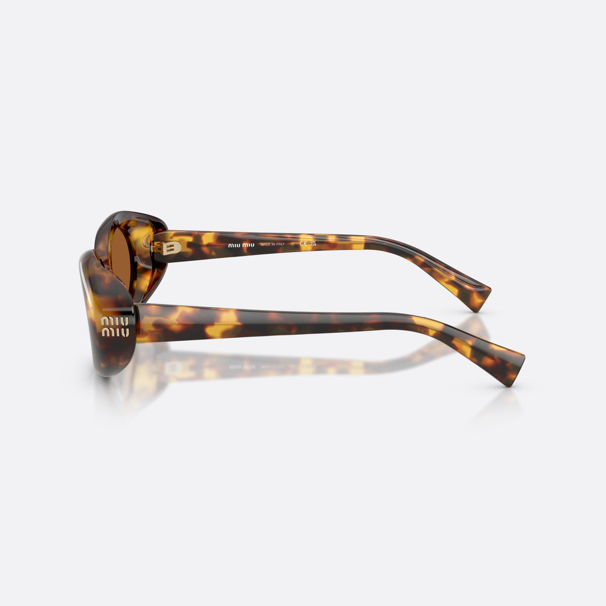 Miu Miu MU B09S 14L20V sunglasses, havana oval frame for women, plain acetate bridge, brand lettering on temple, side view