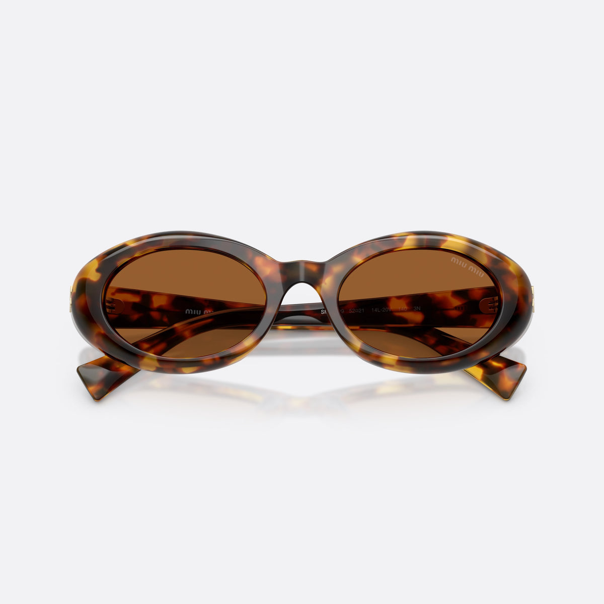 Miu Miu MU B09S 14L20V sunglasses, havana oval frame for women, plain acetate bridge, brand lettering on temple, folded