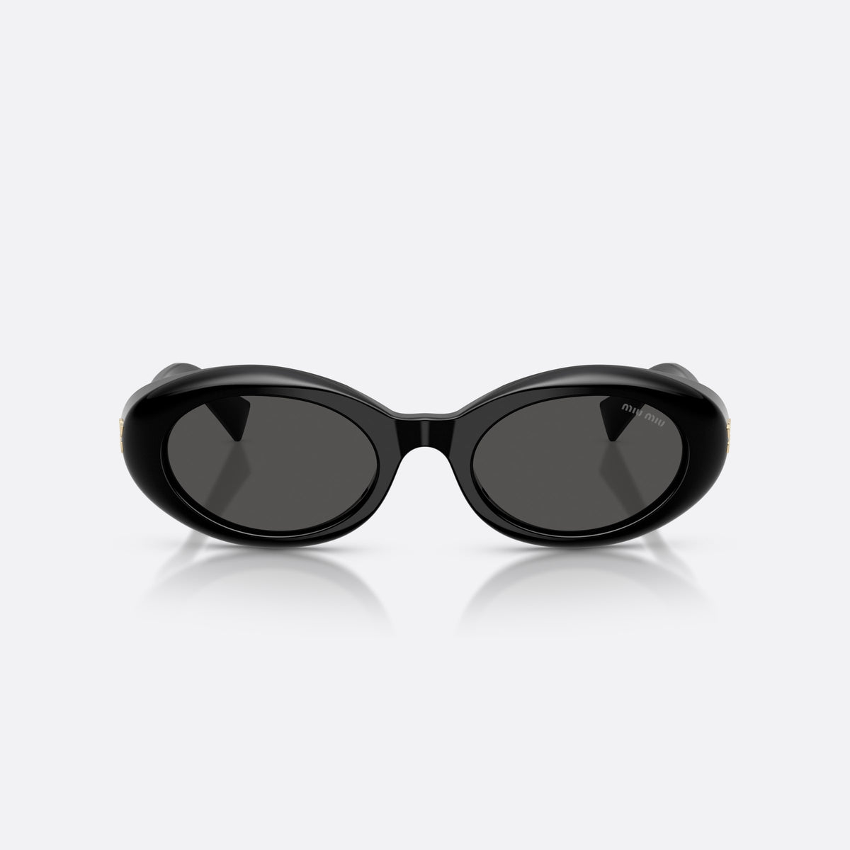 Miu Miu MU B09S 16K08Z sunglasses, black oval frame for women, plain bridge, brand lettering on temples, full-rim frame, front view