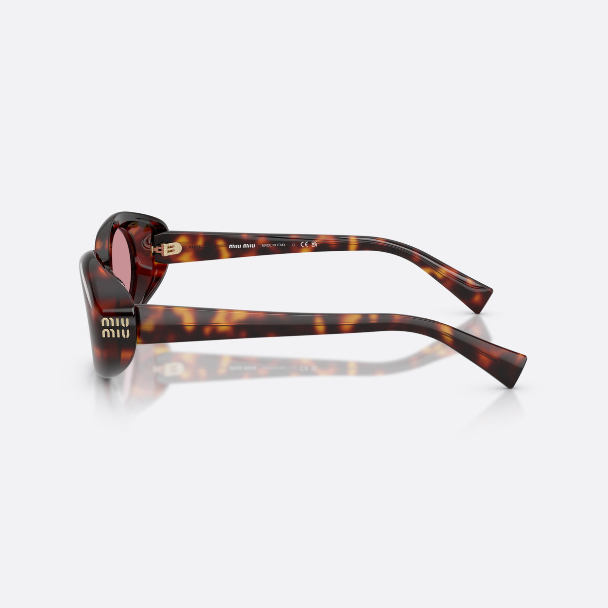 Ochelari de soare Miu Miu MU B09S 27L50Y, ovali havana, pentru femei, punte simplă, litere ale brandului pe brațe, vedere laterală