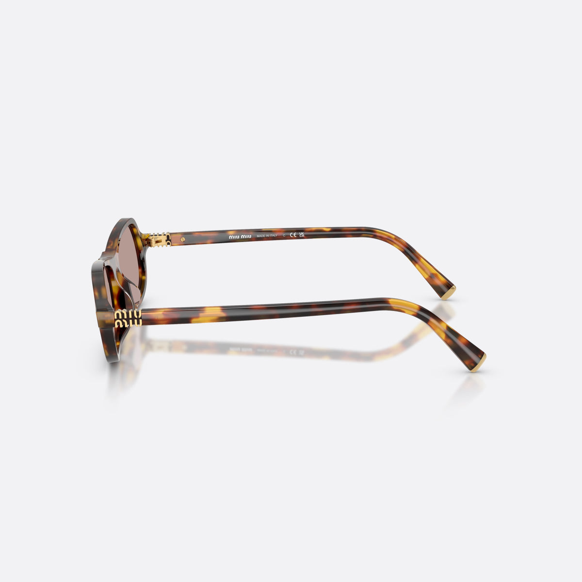 Miu Miu MU B10SU 14L20I sunglasses, havana irregular frame for women, keyhole bridge, brand lettering on temples, full-rim frame, side view