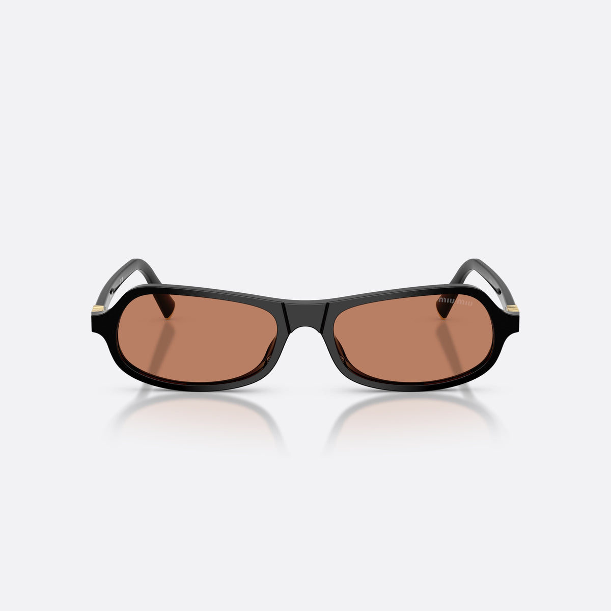 Miu Miu MU B10SU 16K90Q sunglasses, black irregular frame for women, plain double-piece bridge, brand lettering on the temples, front view