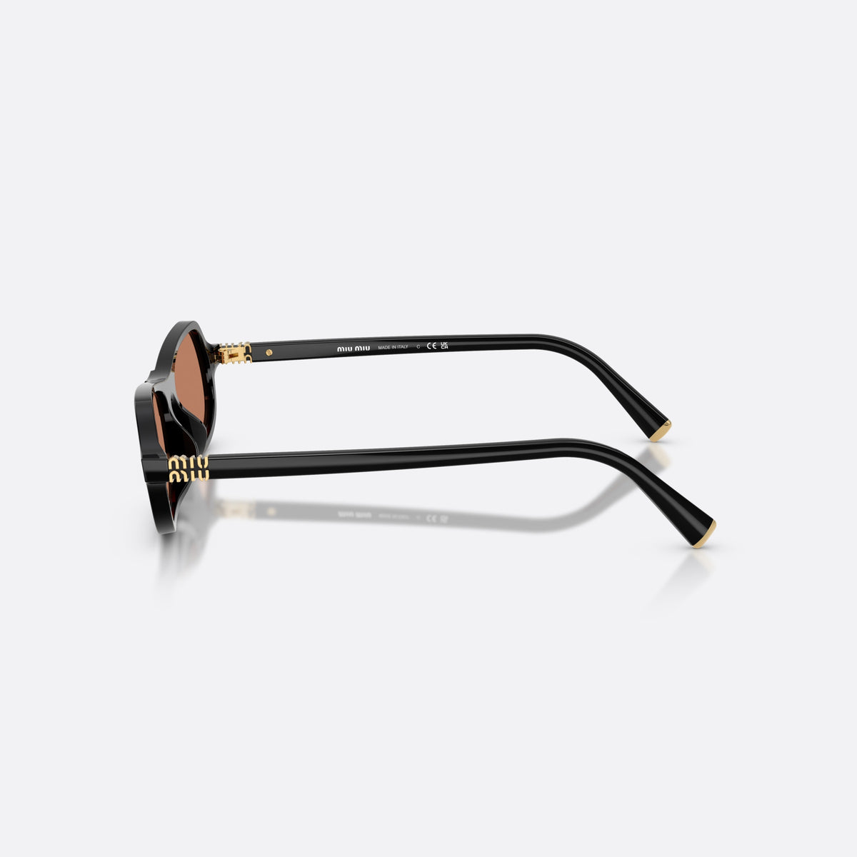 Miu Miu MU B10SU 16K90Q sunglasses, black irregular frame for women, plain double-piece bridge, brand lettering on the temples, side view
