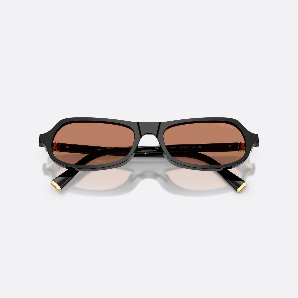 Miu Miu MU B10SU 16K90Q sunglasses, black irregular frame for women, plain double-piece bridge, brand lettering on the temples, folded