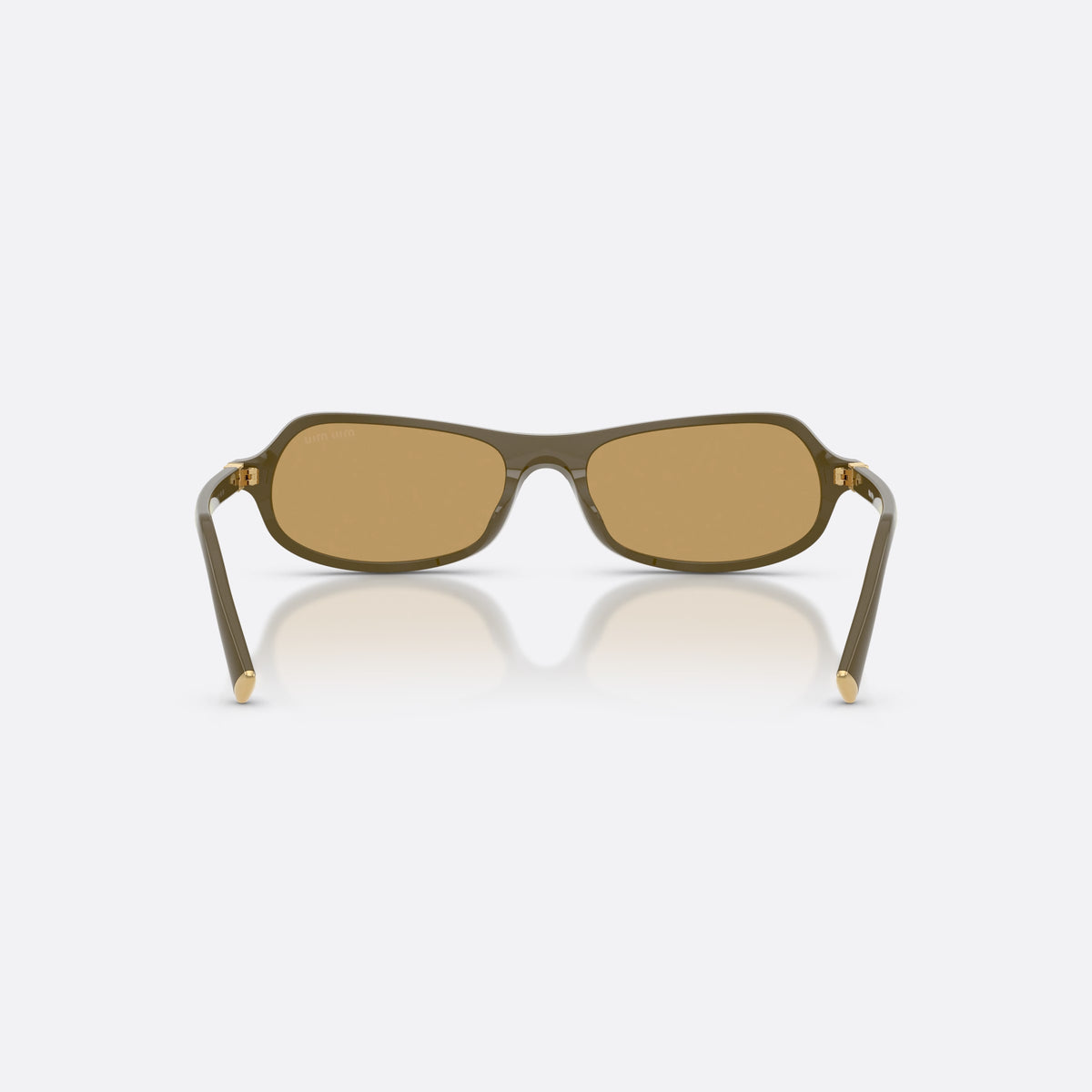 Miu Miu MU B10SU 25L10Y sunglasses, green irregular frame for women, plain integrated bridge, brand lettering on temple, back view
