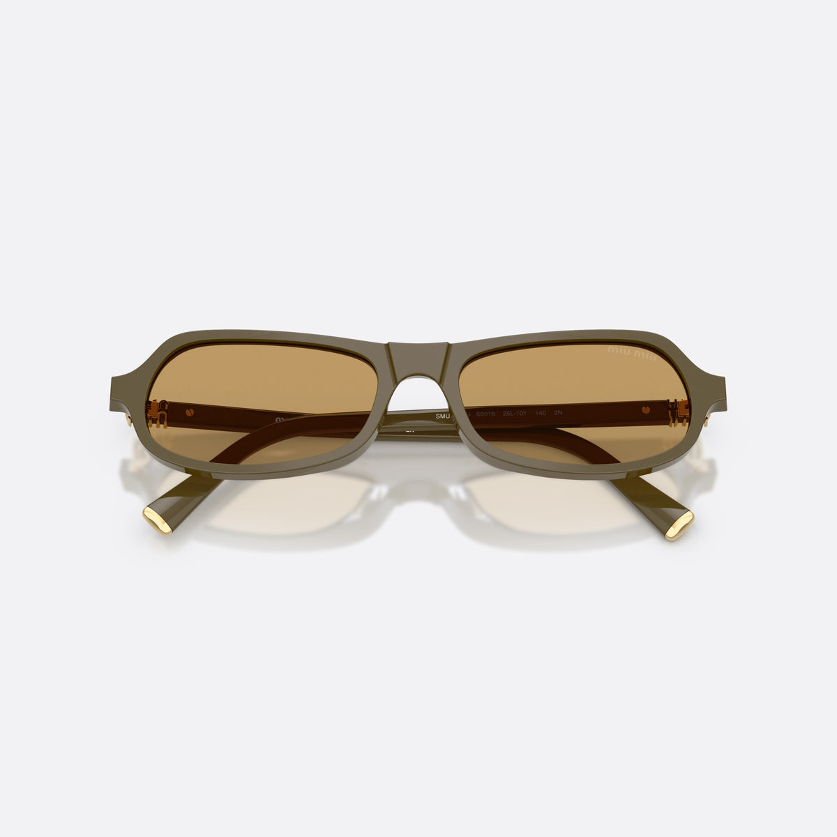 Miu Miu MU B10SU 25L10Y sunglasses, green irregular frame for women, plain integrated bridge, brand lettering on temple, folded