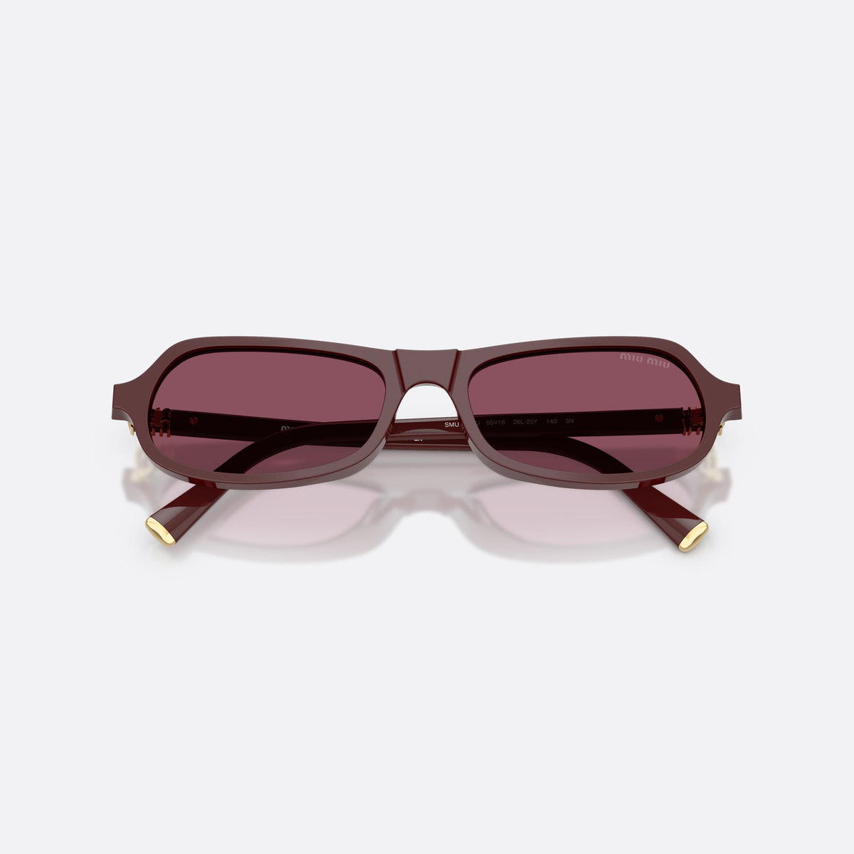 Miu Miu MU B10SU 26L20Y sunglasses, violet irregular frame for women, plain double bridge, brand lettering on temple, folded
