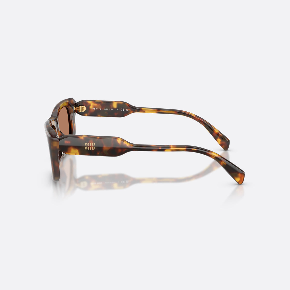 Ochelari de soare Miu Miu MU B12S 14L20D, rectangulari havana, pentru femei, punte simplă, literele brandului pe brațe, placă pe brațe, vedere laterală
