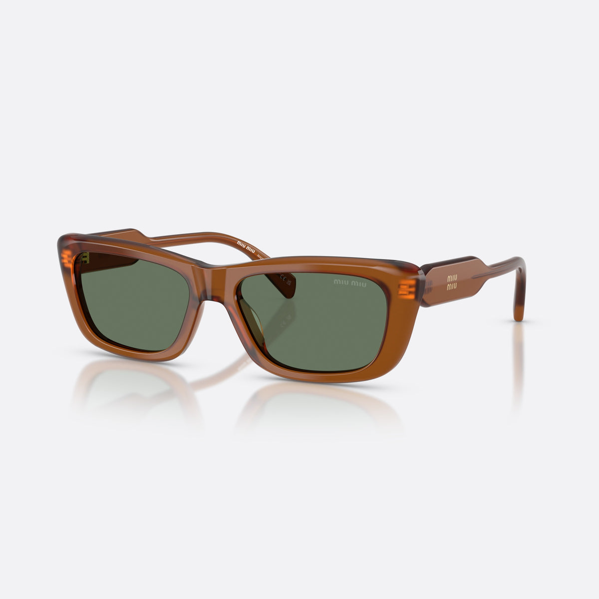 Miu Miu MU B12S 22I70L sunglasses, brown rectangle frame for women, plain acetate bridge, brand lettering on temples