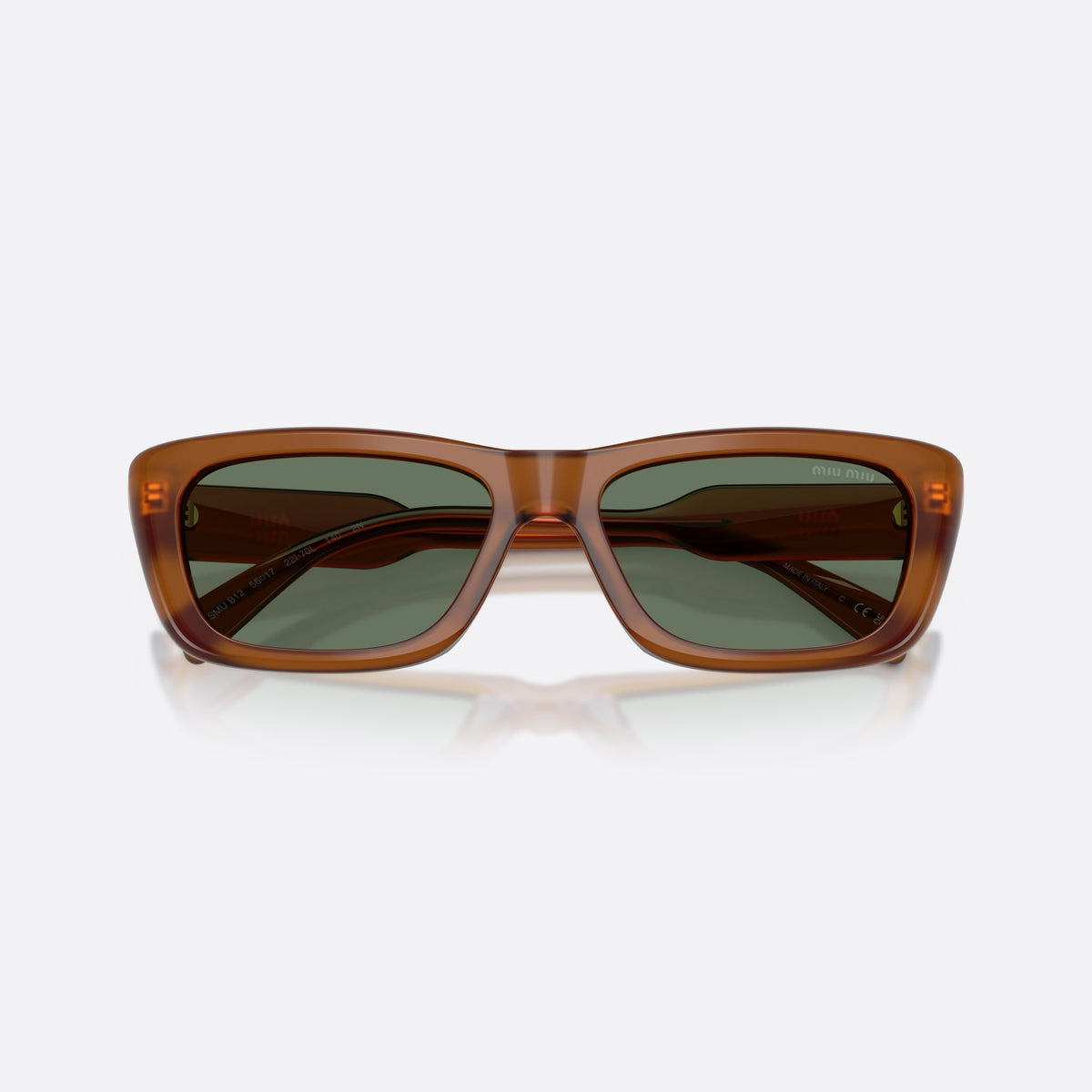 Miu Miu MU B12S 22I70L sunglasses, brown rectangle frame for women, plain acetate bridge, brand lettering on temples, folded