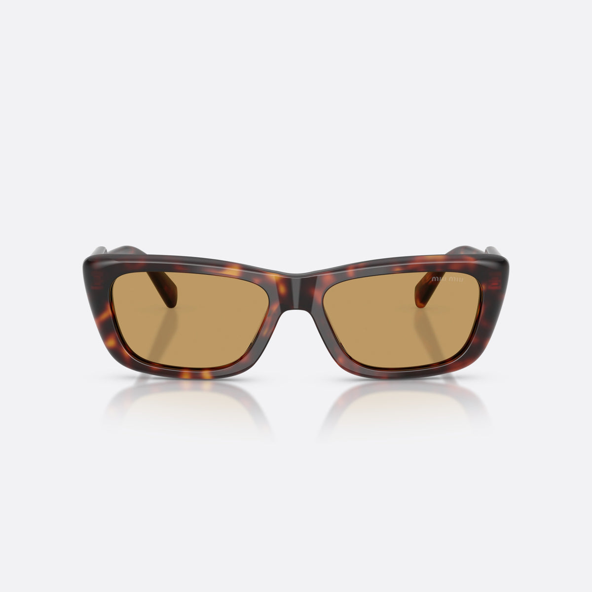 Miu Miu MU B12S 27L10Y sunglasses, havana rectangle frame for women, plain bridge with contour, brand lettering on temples, front view