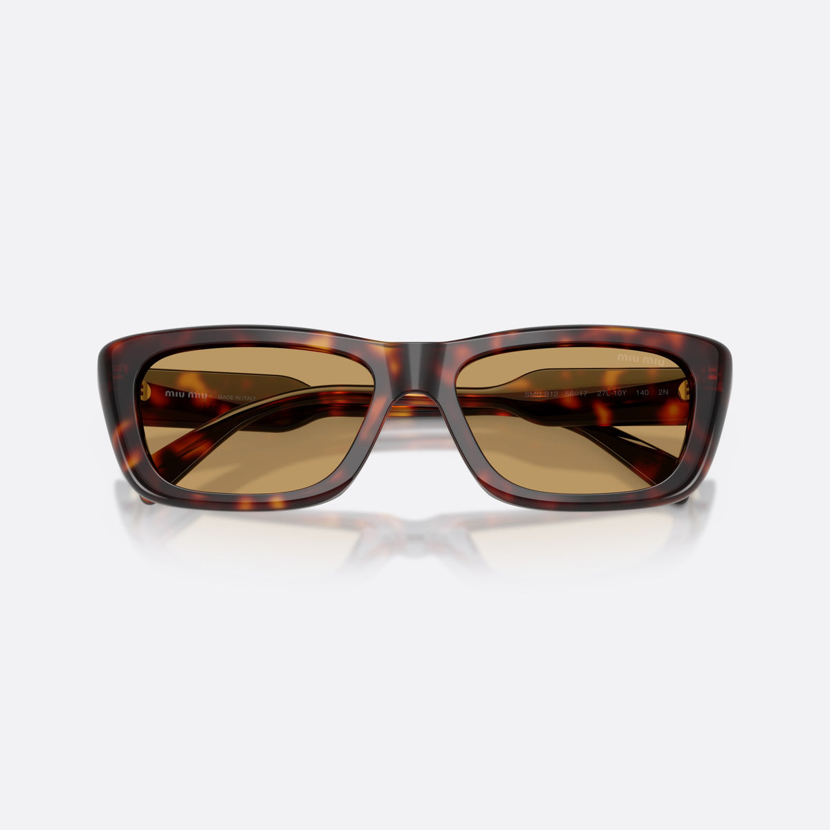 Miu Miu MU B12S 27L10Y sunglasses, havana rectangle frame for women, plain bridge with contour, brand lettering on temples, folded