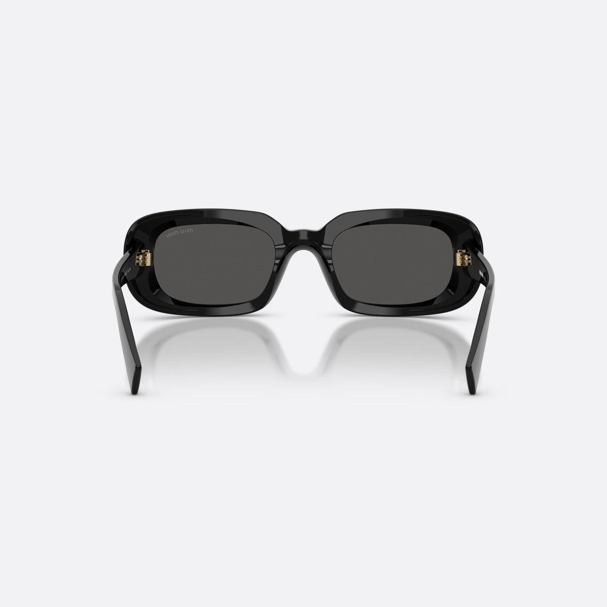 Miu Miu MU B13S 16K08Z sunglasses, black rectangle frame for women, plain bridge, integrated into frame, wide tapered temples, back view