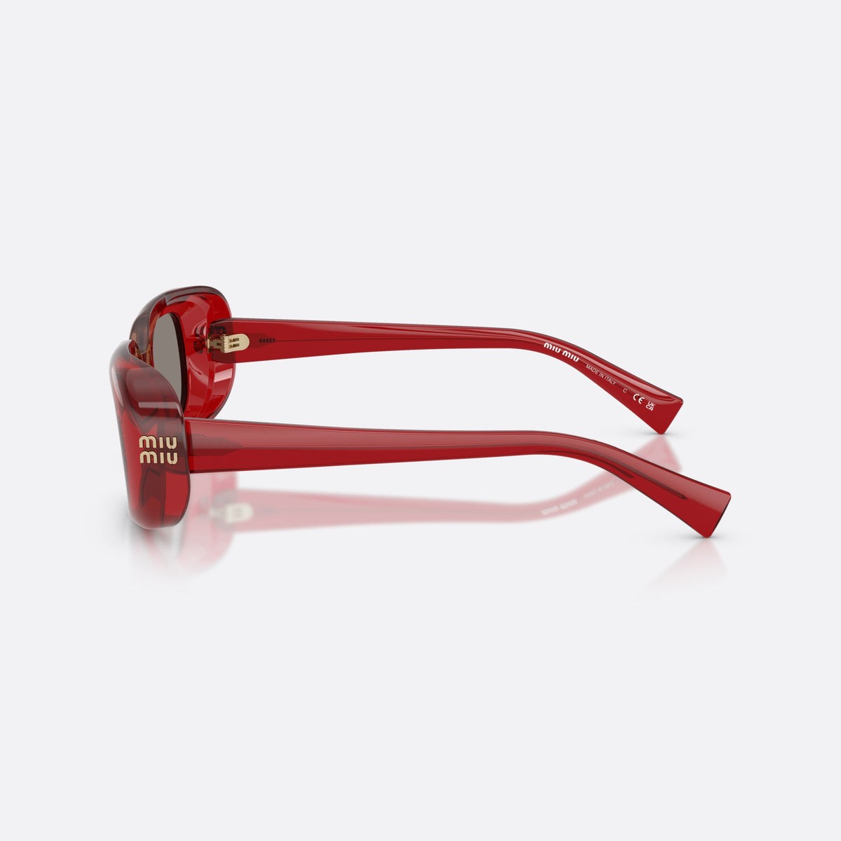 Miu Miu MU B13S 23M80Q sunglasses, red rectangle frame for women, plain bridge joining lenses, full-rim thick frame, side view
