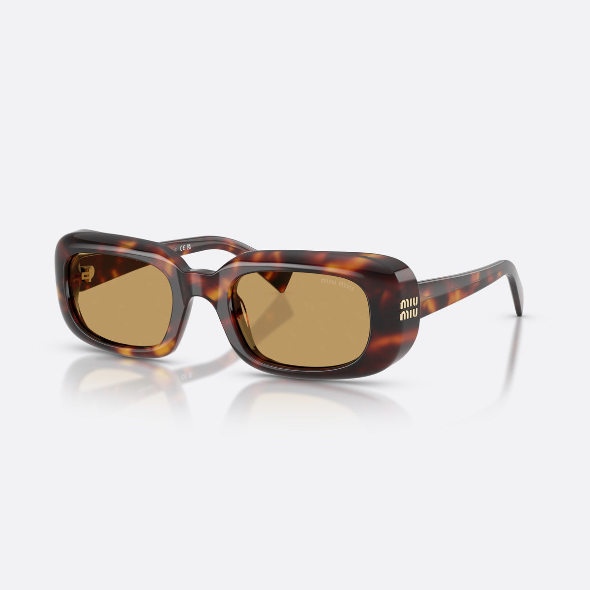 Miu Miu MU B13S 27L10Y sunglasses, havana rectangle frame for women, plain bridge, brand lettering on temples, full-rim frame