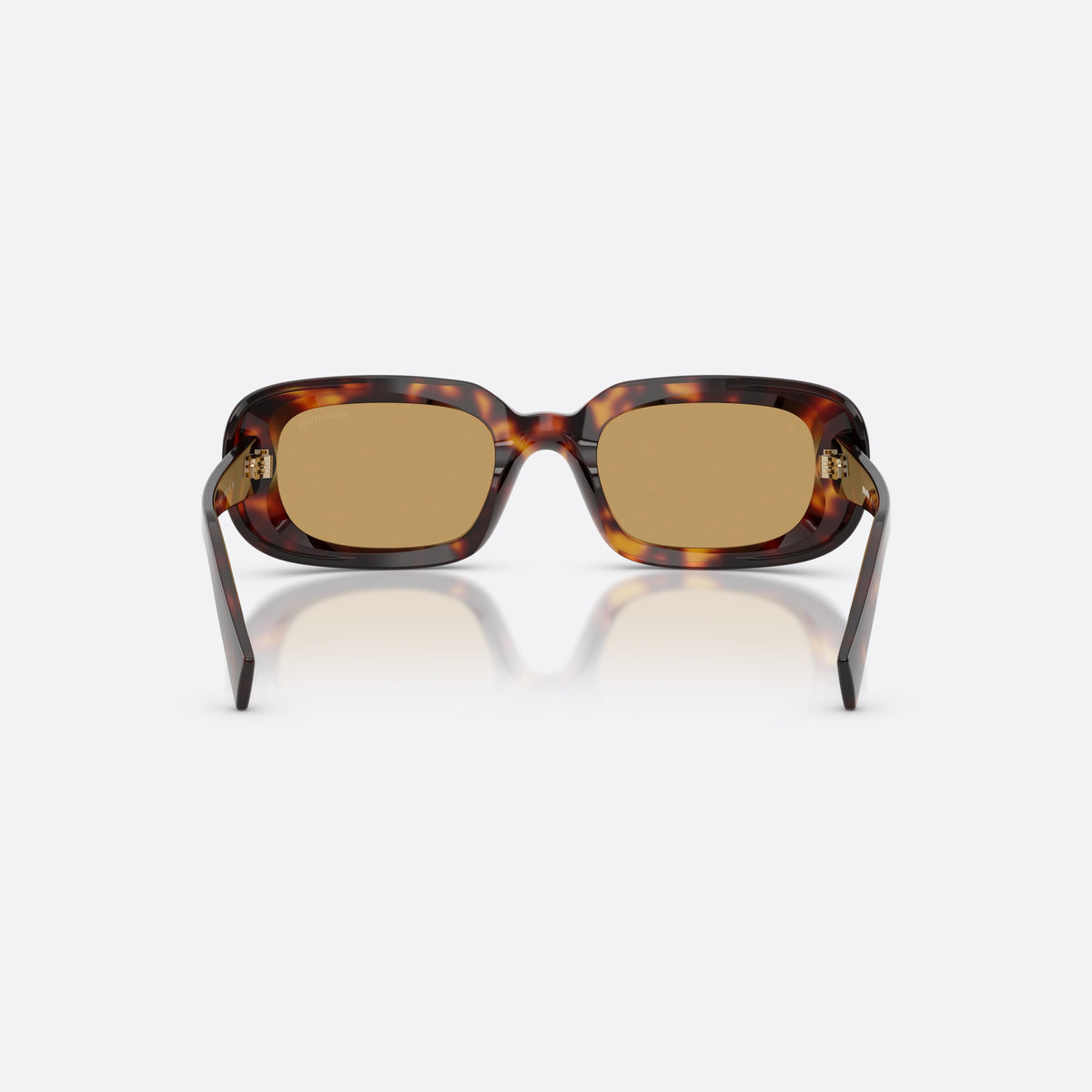 Miu Miu MU B13S 27L10Y sunglasses, havana rectangle frame for women, plain bridge, brand lettering on temples, full-rim frame, back view