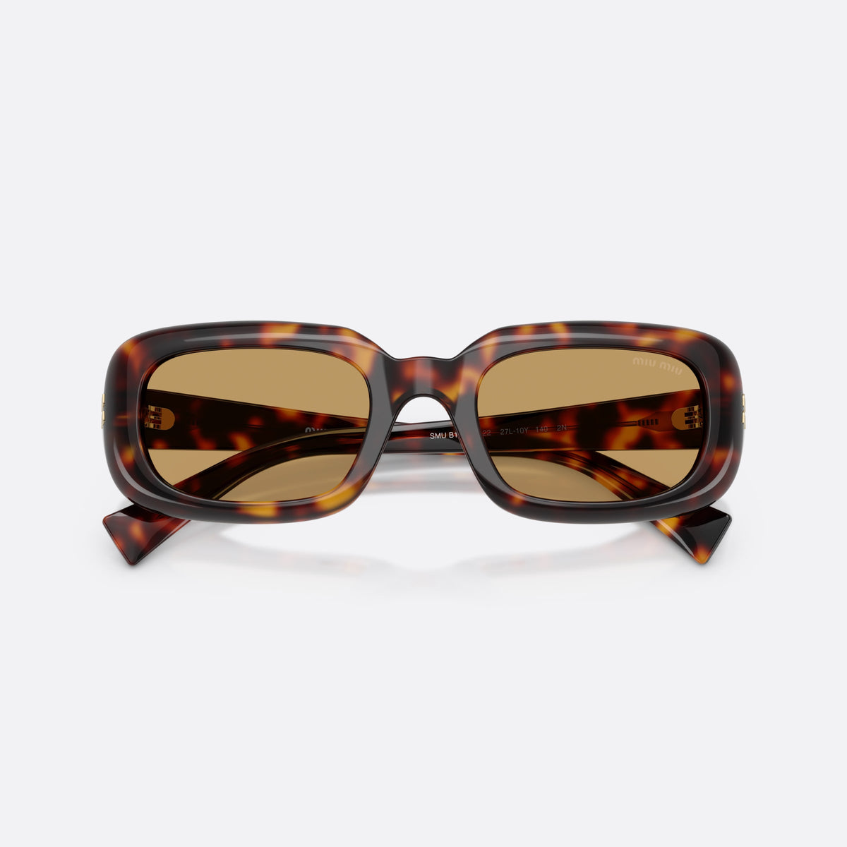 Miu Miu MU B13S 27L10Y sunglasses, havana rectangle frame for women, plain bridge, brand lettering on temples, full-rim frame, folded