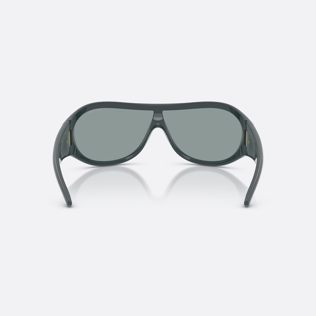 Miu Miu MU B14SU 25N70M sunglasses, grey irregular frame for women, brand lettering on temples, wide temples with ribbed detail, back view