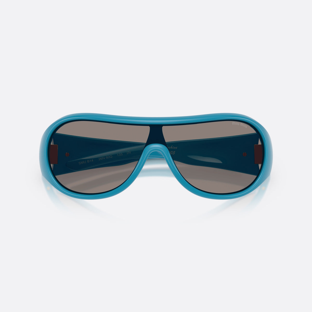 Miu Miu MU B14SU 26N80Q sunglasses, blue irregular frame for women, brand lettering on temple, wide temples with ribbed detail, folded