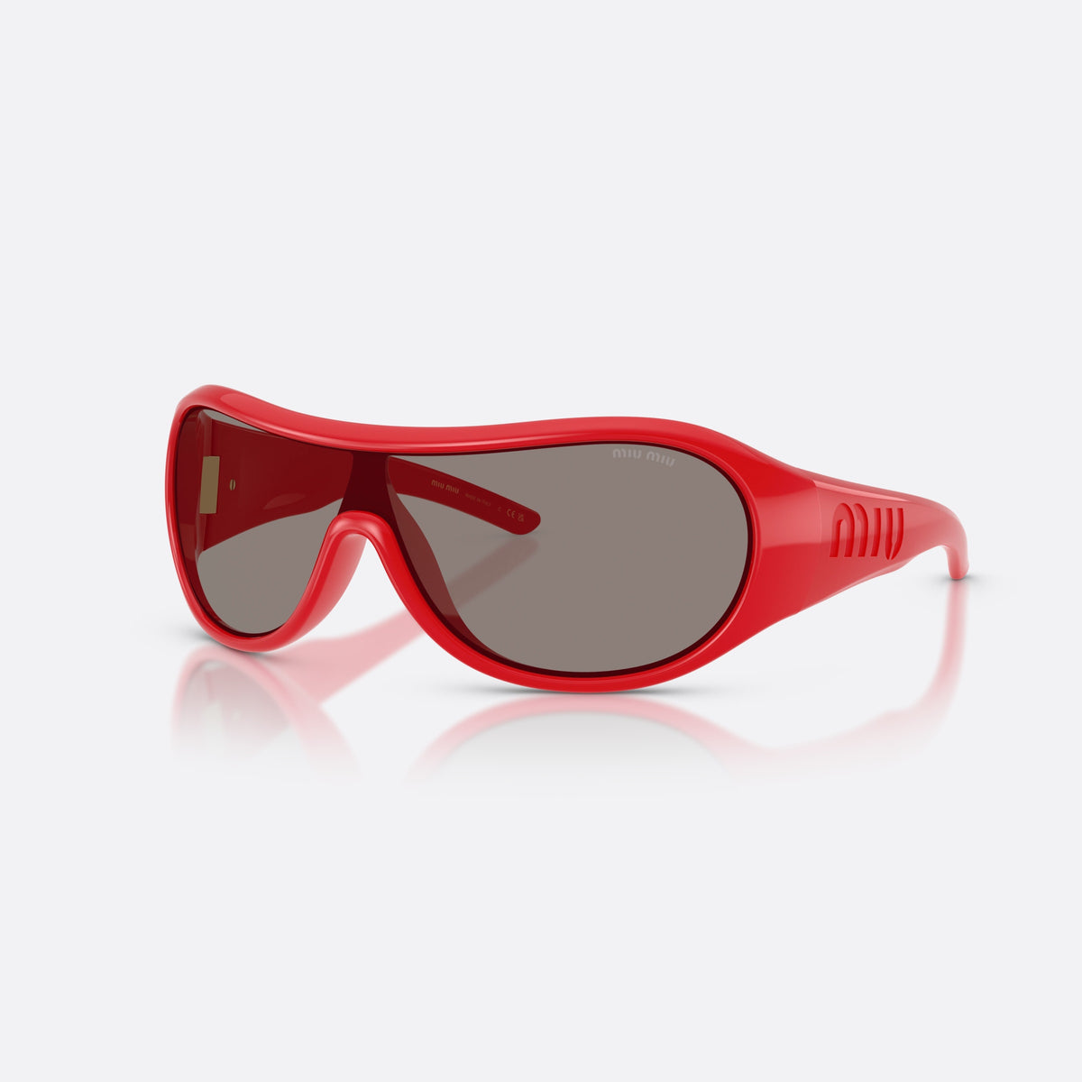 Miu Miu MU B14SU 27N80Q sunglasses, red irregular frame for women, keyhole bridge, brand lettering on temples