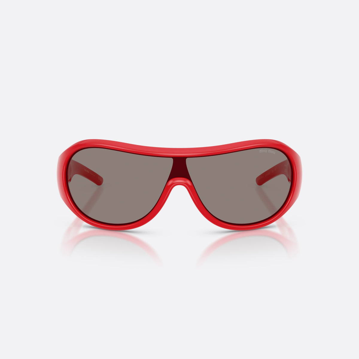 Miu Miu MU B14SU 27N80Q sunglasses, red irregular frame for women, keyhole bridge, brand lettering on temples, front view