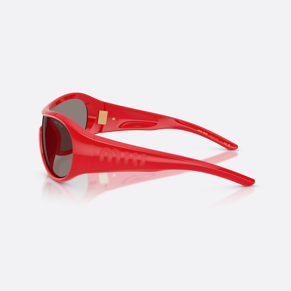 Miu Miu MU B14SU 27N80Q sunglasses, red irregular frame for women, keyhole bridge, brand lettering on temples, side view