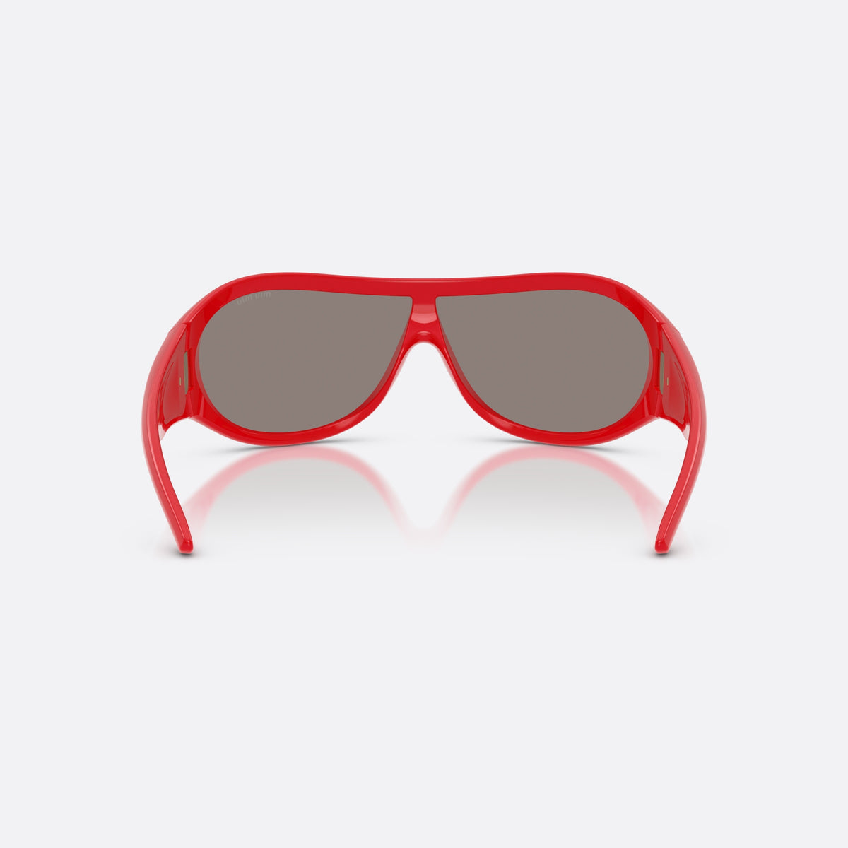 Miu Miu MU B14SU 27N80Q sunglasses, red irregular frame for women, keyhole bridge, brand lettering on temples, back view