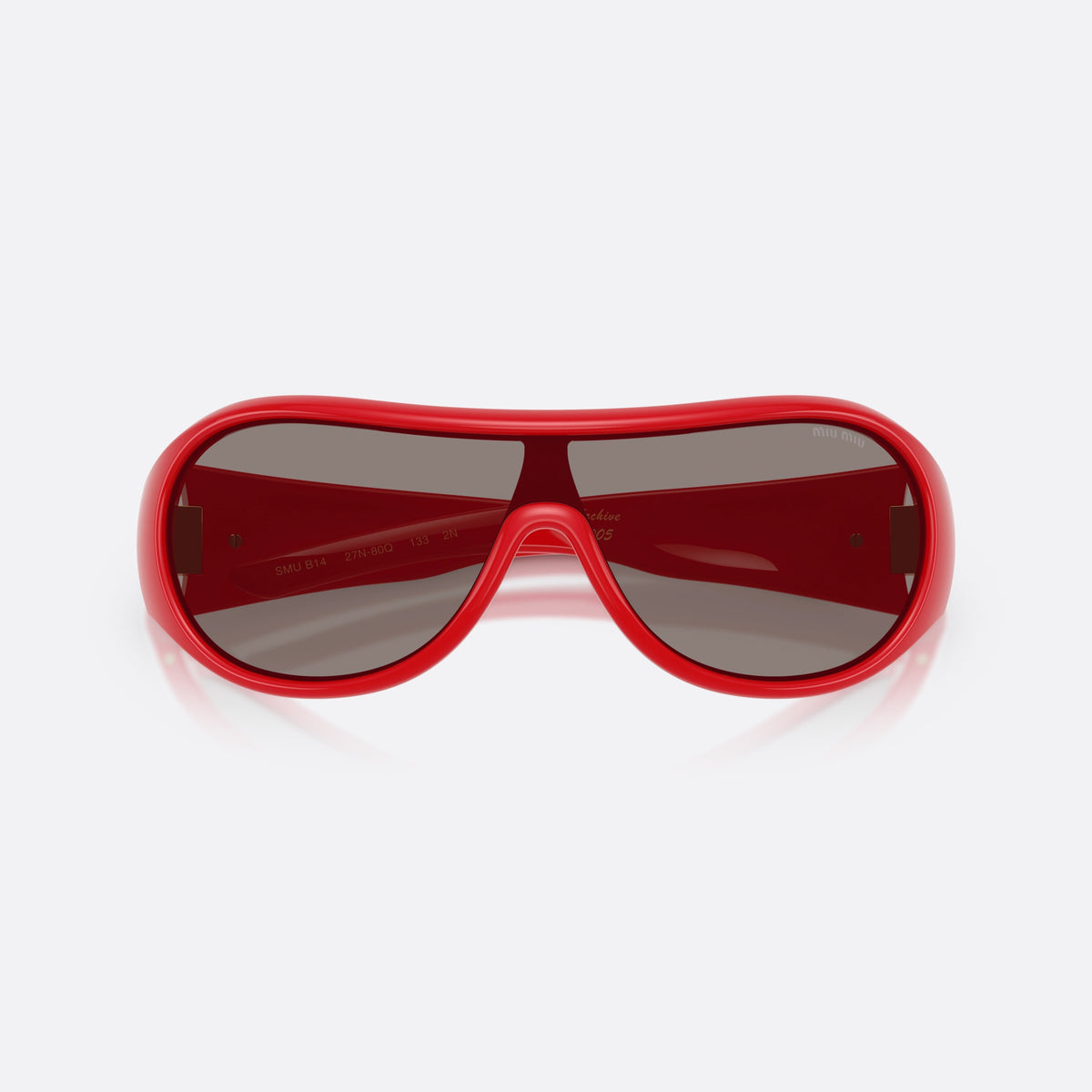 Miu Miu MU B14SU 27N80Q sunglasses, red irregular frame for women, keyhole bridge, brand lettering on temples, folded