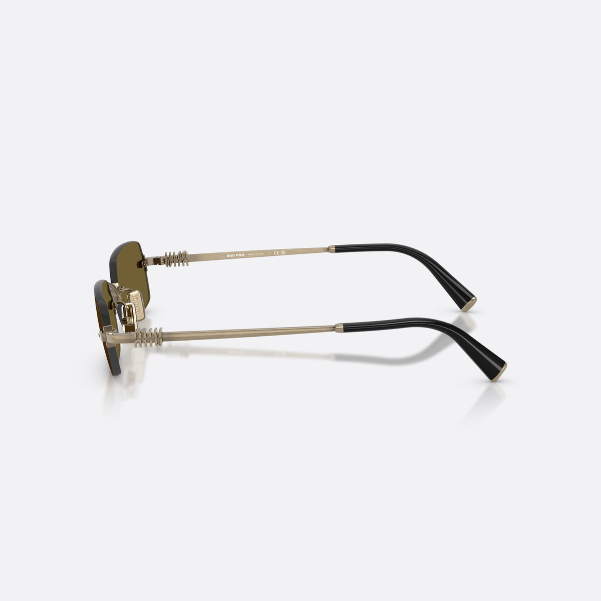 Miu Miu MU B50S 26C09Z sunglasses, gold rectangle frame for women, thin metal bridge, brand logo on temple, side view