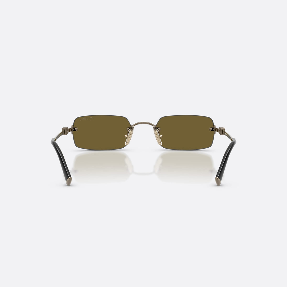Miu Miu MU B50S 26C09Z sunglasses, gold rectangle frame for women, thin metal bridge, brand logo on temple, back view