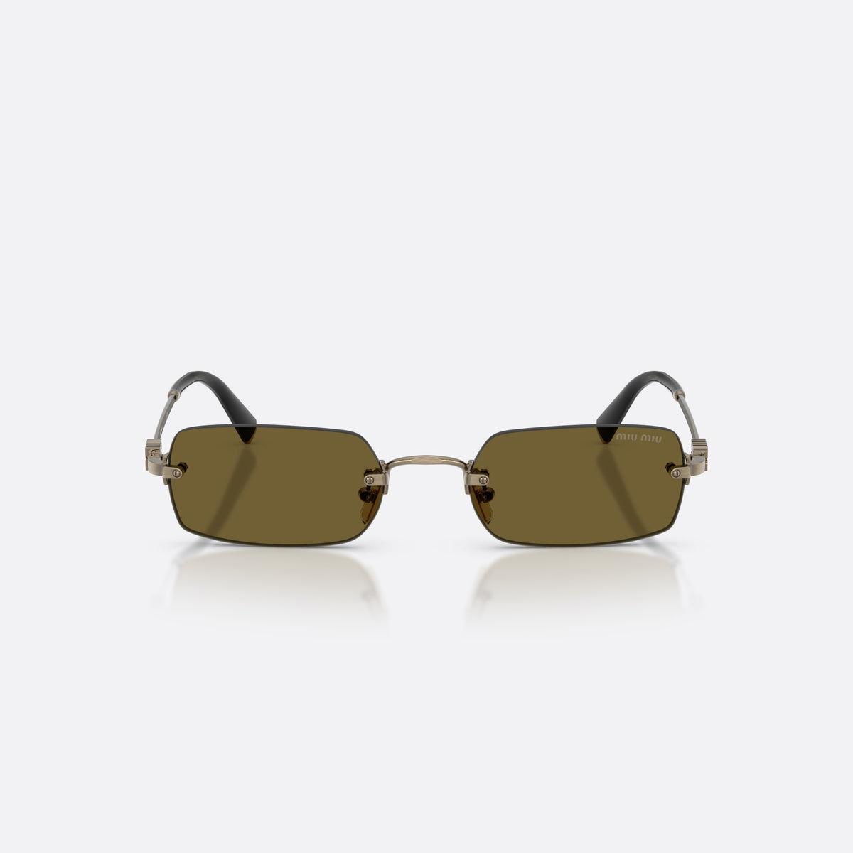 Miu Miu MU B50S 26C09Z sunglasses, gold rectangle frame for women, plain metal bridge, brand lettering on the temples, front view
