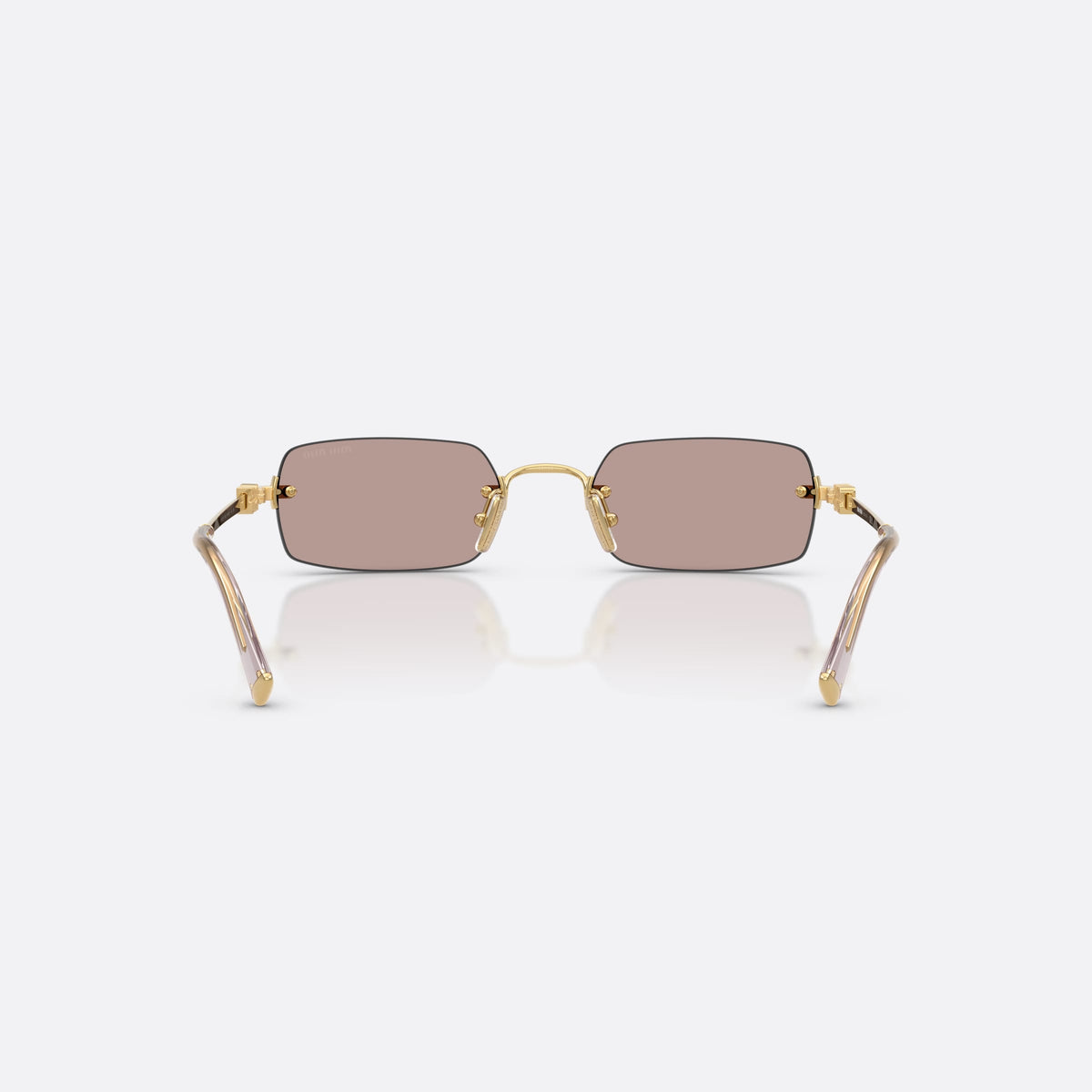 Ochelari de soare Miu Miu MU B50S 5AK20I, rectangulari auriu, pentru femei, punte metalică subțire, literele brandului pe brațe, vedere din spate