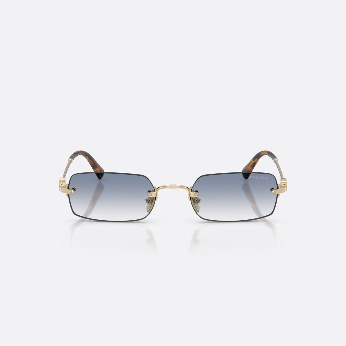 Ochelari de soare Miu Miu MU B50S ZVN80O, rectangulari auriu, pentru femei, punte metalică subțire, litere ale brandului pe lentilă, vedere din față