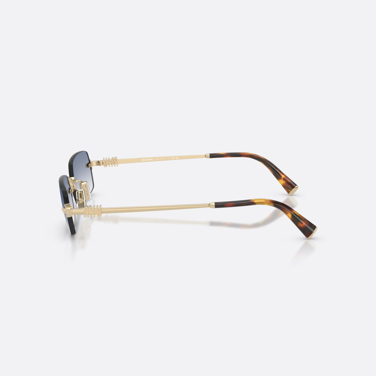 Ochelari de soare Miu Miu MU B50S ZVN80O, rectangulari auriu, pentru femei, punte metalică subțire, litere ale brandului pe lentilă, vedere laterală