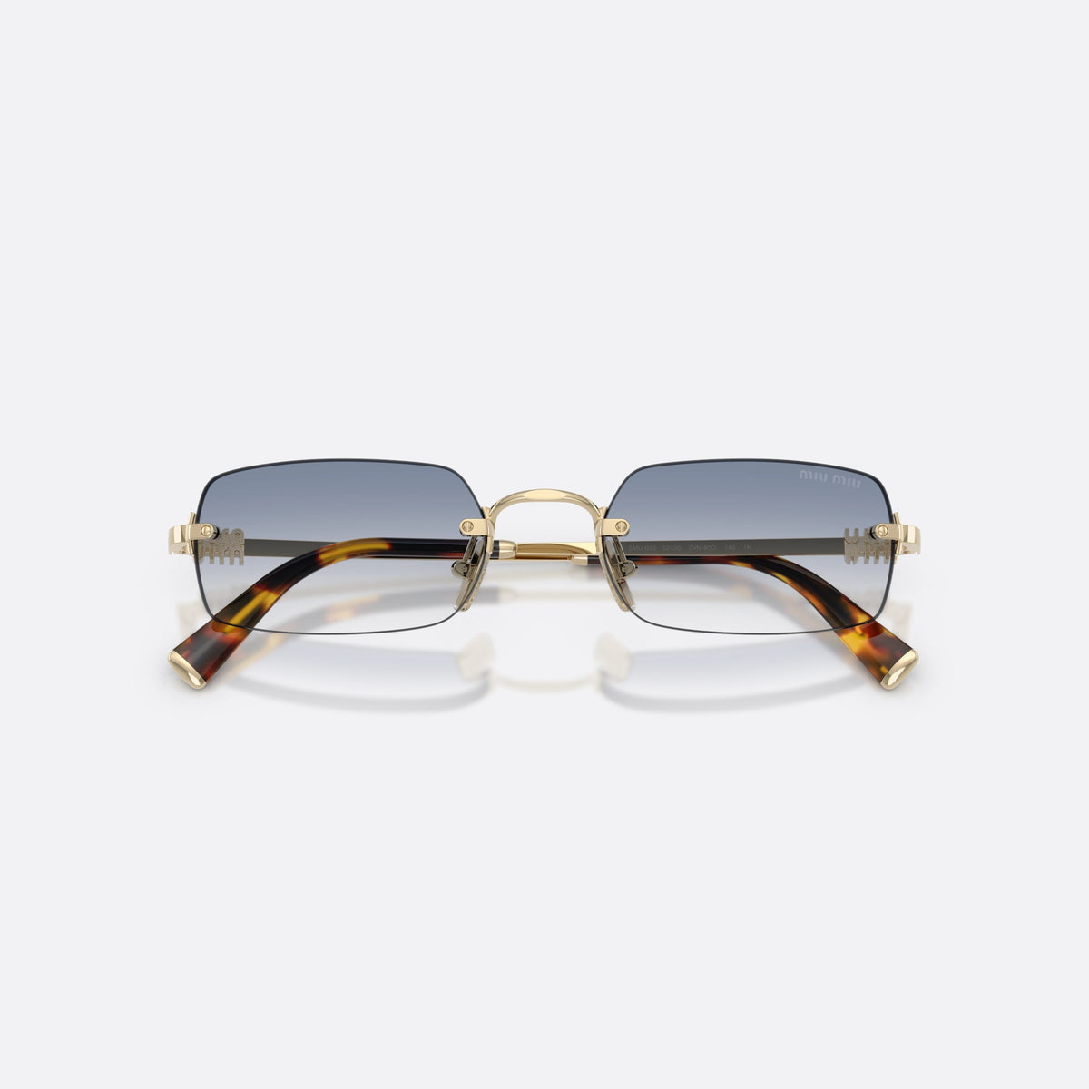 Ochelari de soare Miu Miu MU B50S ZVN80O, rectangulari auriu, pentru femei, punte metalică subțire, litere ale brandului pe lentilă, cu brațele pliate