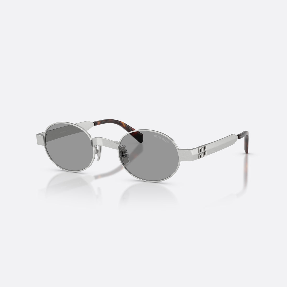 Miu Miu MU B51S 21M50Q sunglasses, silver oval frame for women, plain metal bridge, brand lettering on temples