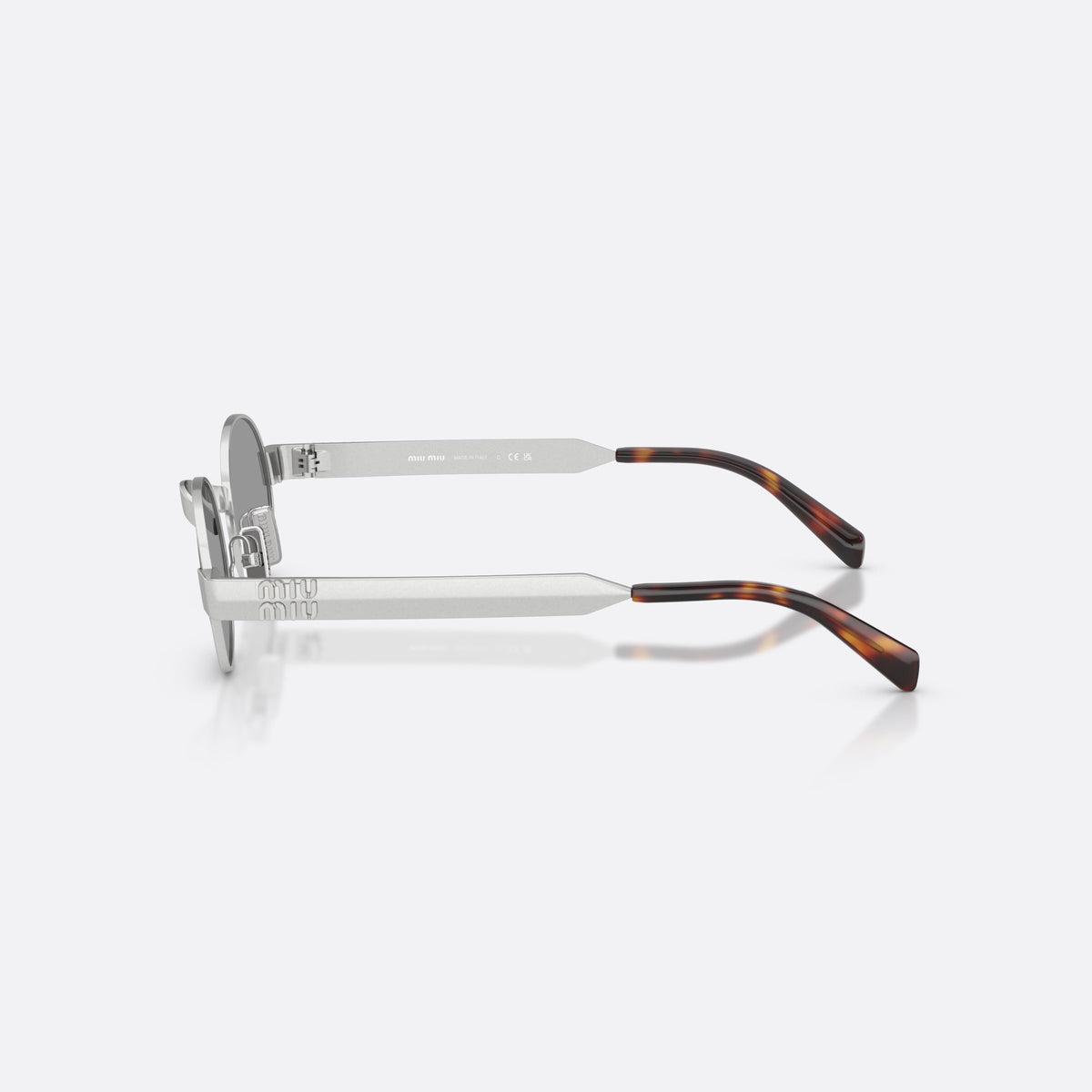 Miu Miu MU B51S 21M50Q sunglasses, silver oval frame for women, plain metal bridge, brand lettering on temples, side view